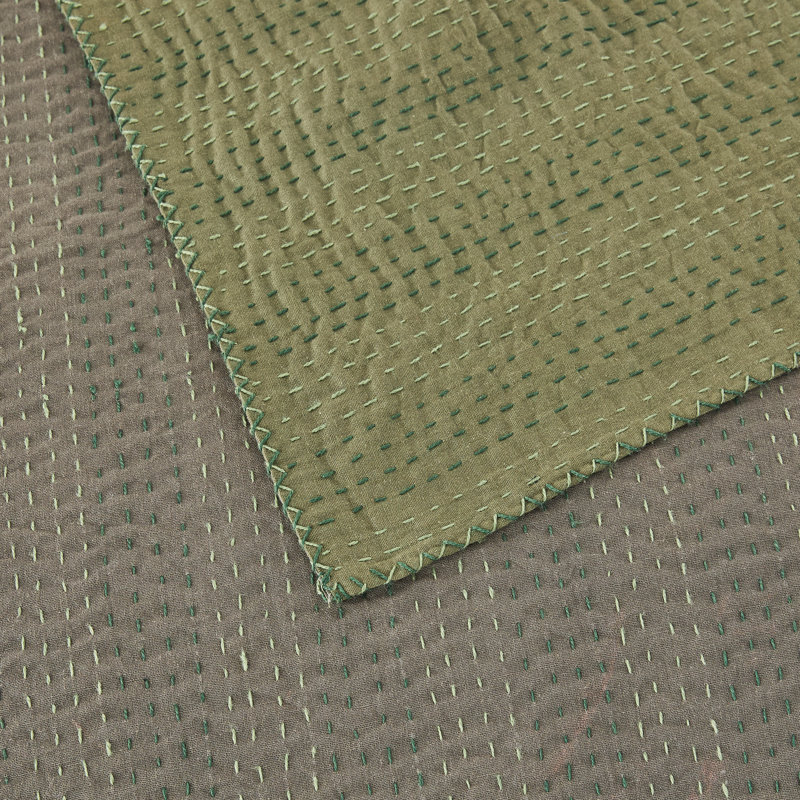Handstitch Reversible Color Kantha Coverlet, Queen Coverlet, Green