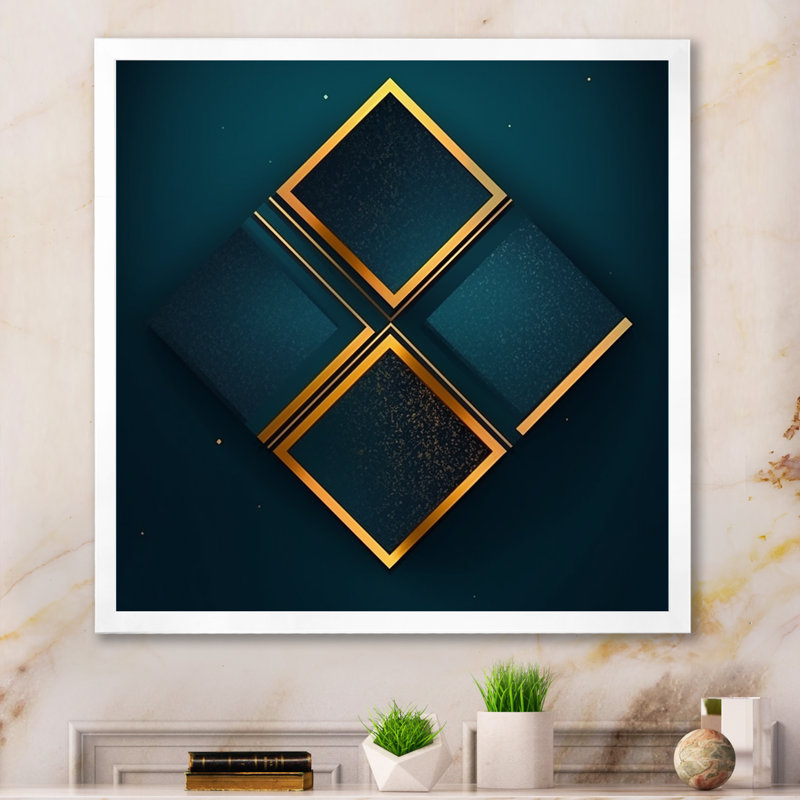 Motif géométrique rétro en bleu sarcelle et or sur toile, H 30 po x l 30 po x P 1 po, Cadre simple blanc