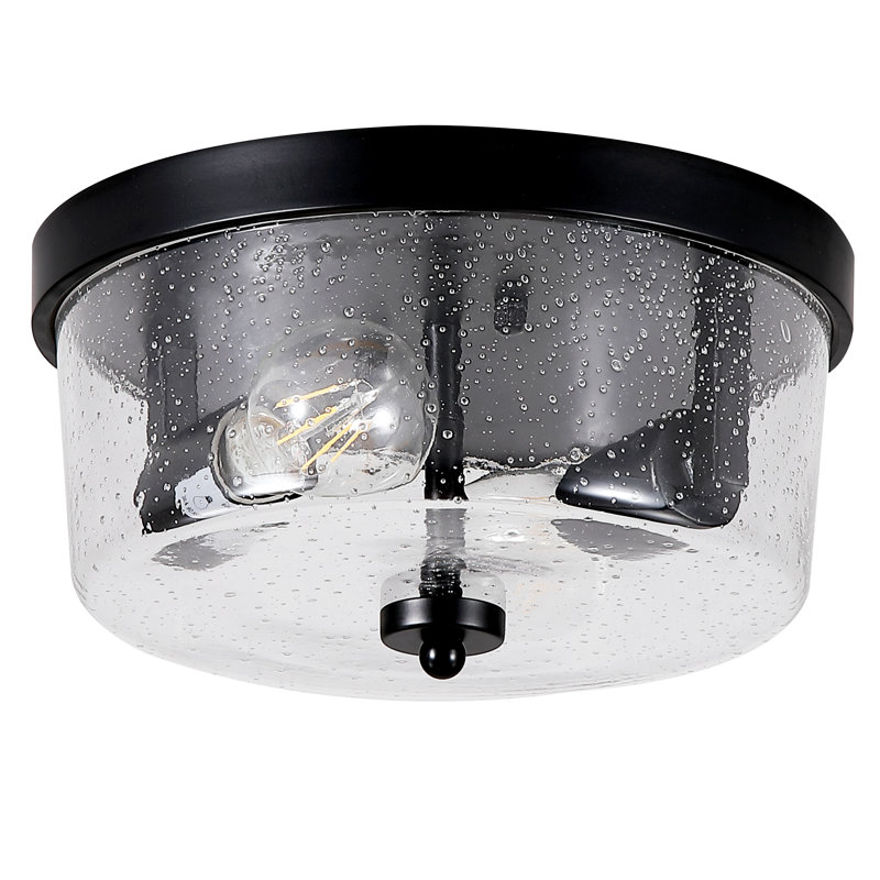 10.6 In. 2-light Black Flush Mount With Seeded Glass Shade