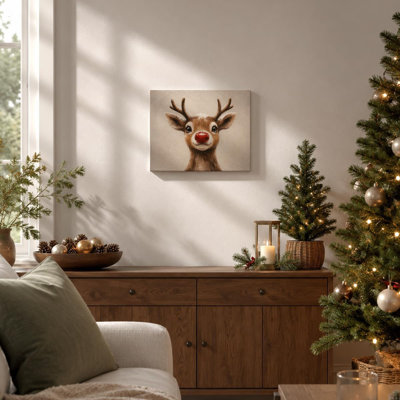 Cute Reindeer Wall Art Red Nose Reindeer Christmas Canvas Print Framed Christmas Vintage Playful Red Nose Reindeer Portrait Cheerful Holiday Decor for Nursery Kids Room Bedroom 8 x 10 Inch