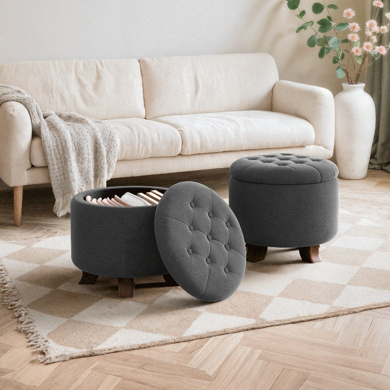 Upholstered Storage Ottoman Bench, Tufted Ottoman Footrest Round Footstool Foot Rest for Living Room, Dark Gray