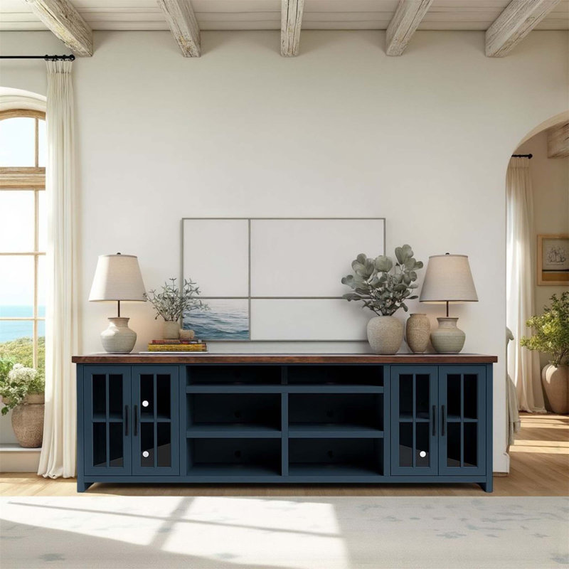Meuble télé 96 po pour téléviseur de 100 po ou moins, aucun assemblage requis, style campagne moderne, Bleu