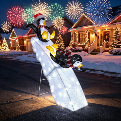 4 FT Lighted Christmas Penguin Slide Scene, 3D Pre-Lit 130 LED Holiday Decoration for Outdoor Yard, Lawn, Porch, Indoor Christmas Display