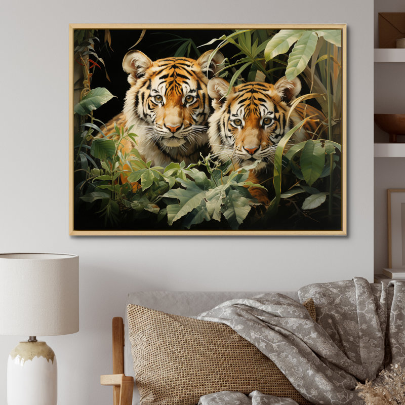«Asian Art Tigers in Jungle III», reproduction d'art, H 34 po x l 44 po x P 1,5 po, Cadre naturel flottant