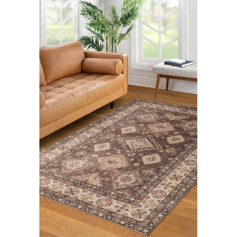Tapis décoratif brun brun beige en polyester tissé à la machine, Rectangle 5 pi 3 po x 7 pi 7 po