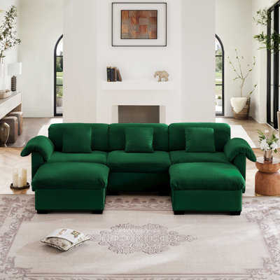 Meladee U-Shaped Velvet Sectional Sofa with Hidden Storage & 2 Ottomans