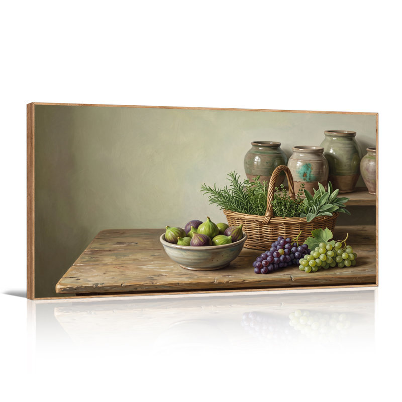 Tableau sur toile représentant un bol de figues et de raisins avec un panier d'herbes aromatiques sur une table en bois.