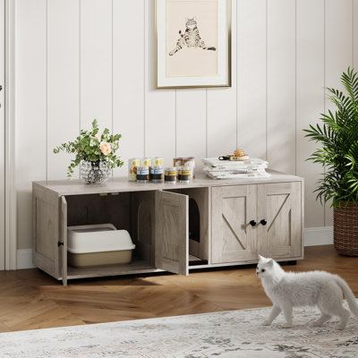 Armoire à litière double pour chat - meuble télé caché pour litière, meuble pour litière moderne caché pour 2 chats, entrée principale, maison pour chat, table de bout latérale, meuble télé avec enceinte pour litière pour chat