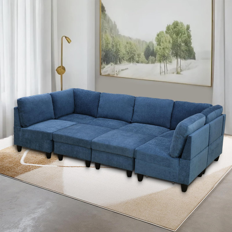 104.5" Wide Reversible Modular Seating Component with Ottoman, Blue