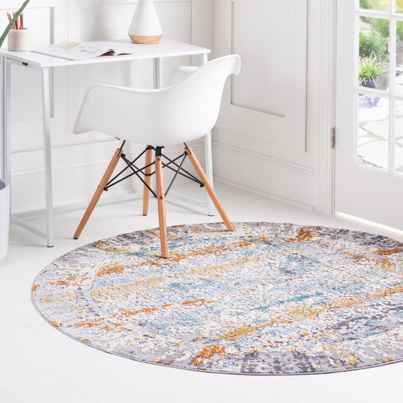Tapis abstrait gris, Rond 3 pi 7 po