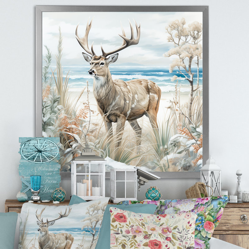 Deer Charm In Winter - Deer, reproduction d'art sur toile, Cadre simple argenté, H 30 po x l 30 po x P 1 po