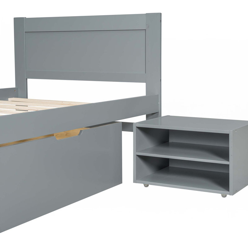 Lit plateforme avec tiroir et deux tablettes, Gris, Simple