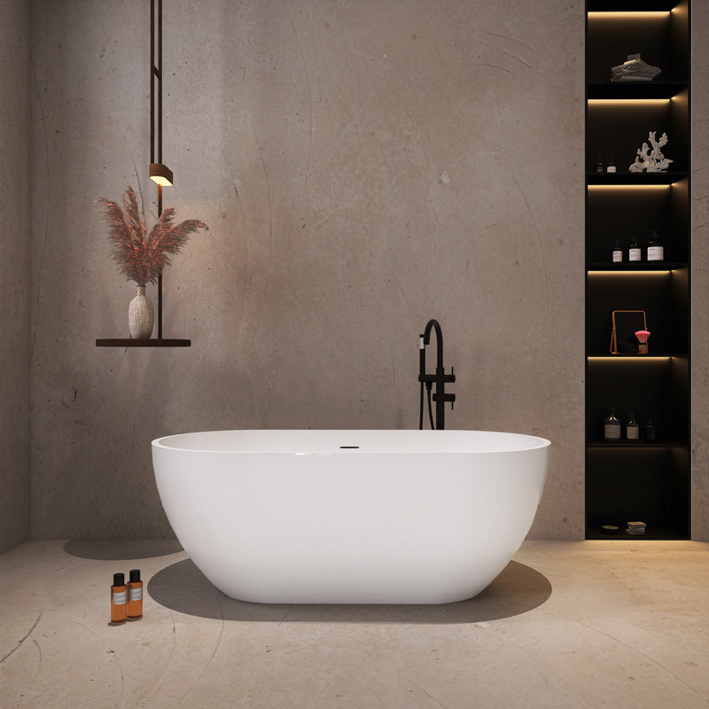 63 in. Freestanding Soaking Solid Surface Bathtub, Gloss White