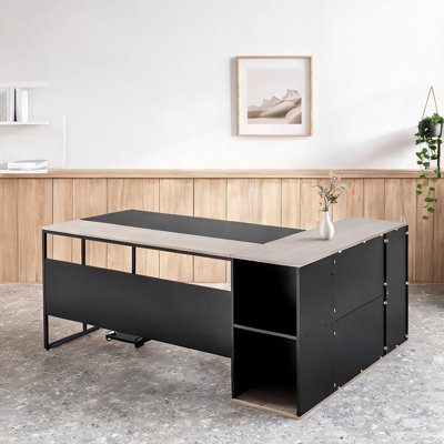 Bureau de direction en forme de L avec tiroirs et armoire, fer gris doux et panneau de particules, 70,87 po de largeur, capacité de 350 lb