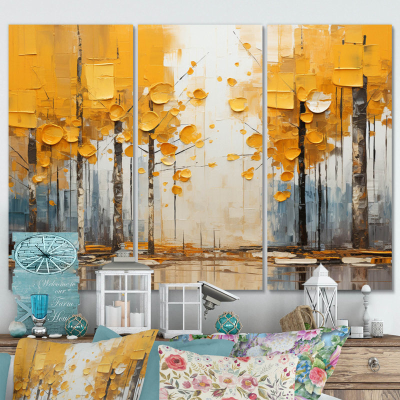 Forêt jaune, collage de bois II sur toile, 3 pièces, H 28 po x l 36 po x P 1 po