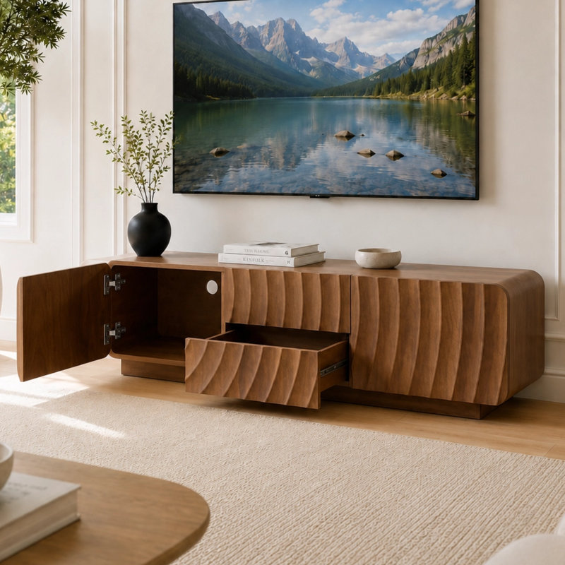 Meuble télé 58 po avec 2 tiroirs et armoire de rangement Mid-Century, Noyer brun, H 15,7 po x L 58,3 po x l 15,7 po
