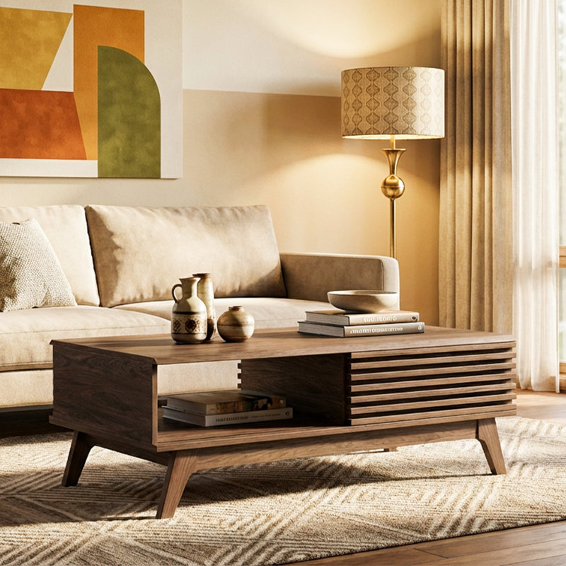 Rico 47.2" Mid-Century Coffee Table with Carved Cabinet and Open Shelf