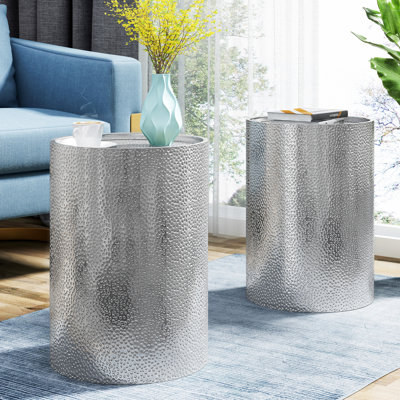 2 Fashionable Side Tables - Hammered Metal, Iron Frame Construction, No Assembly Stylish Metal (2 Units) Finish, Frame,