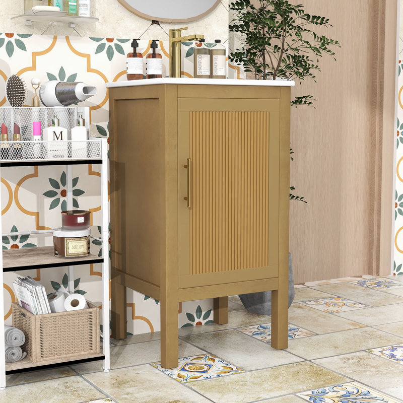 Meuble-lavabo compact autoportant avec rangement réglable, lavabo en céramique et charnières à fermeture douce