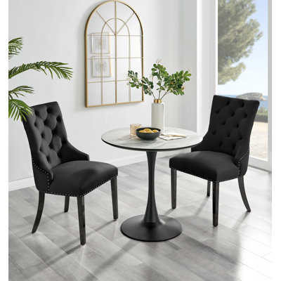 Ellis White Marble Effect Melamine Round Dining Table Set with 2 Luxury Button Velvet Dining Chairs
