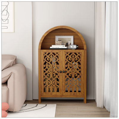 Hand-Carved Arched Cabinet, Solid Wood Storage Cabinet with Open Shelf & 2 Doors, Tall Narrow Accent Cabinet for Living Room, Bedroom, Entryway