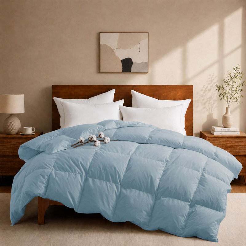 All Season White Goose Feather & Down Comforter Duvet Insert with 300TC 100% Cotton Cover, Twin, Twin, Blue