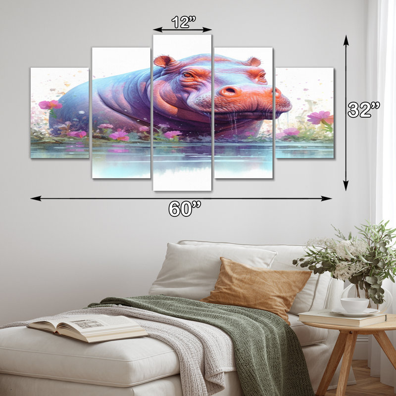 Animated Hippo - Animals Canvas Art Print - 5 Panels