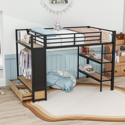 Metal Loft Bed With Integrated Shelves, And Customizable Pegboard