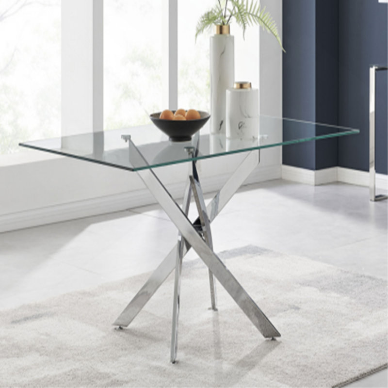 Modern rectangular tempered glass table and iron frame, Clear/Silver