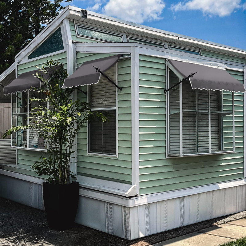 Awntech New Orleans Acrylic Fabric Fixed Awning with Iron Spear Arms, 24" H x 64.5" W x 16" D, Gunmetal