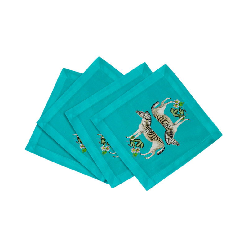 Zebra Seeing Double Cotton Sateen Cocktail Napkins, Teal
