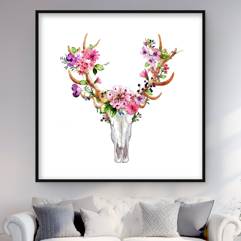Crâne de cerf rustique avec fleurs - reproduction encadrée rose pour la décoration