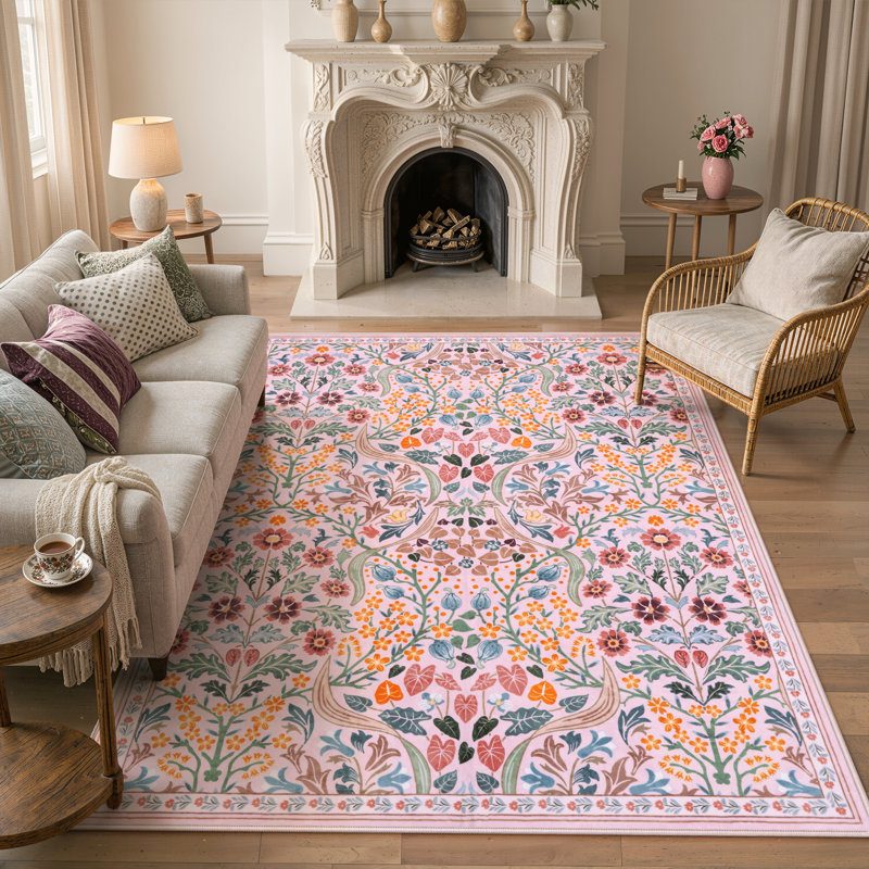 Tapis lavable à motif floral Kaldi, Rectangulaire 8 pi x 10 pi, Rose