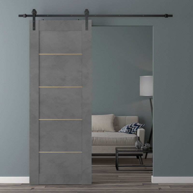 Paneled Wood and Metal Prefinished Avon Barn Door with Installation Hardware Kit, 29.75" x 79.37", Veralinga Oak