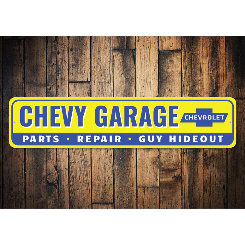 Enseigne en aluminium Chevy Garage Hideout, H 4 po x l 18 po x P 0,04 po
