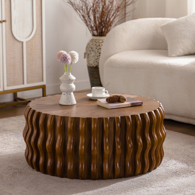 Table basse ronde cannelée de style Mid-Century moderne en bois massif et piédestal, idéale pour diverses pièces, aucune installation nécessaire, table de 12,74 po de hauteur avec conception
