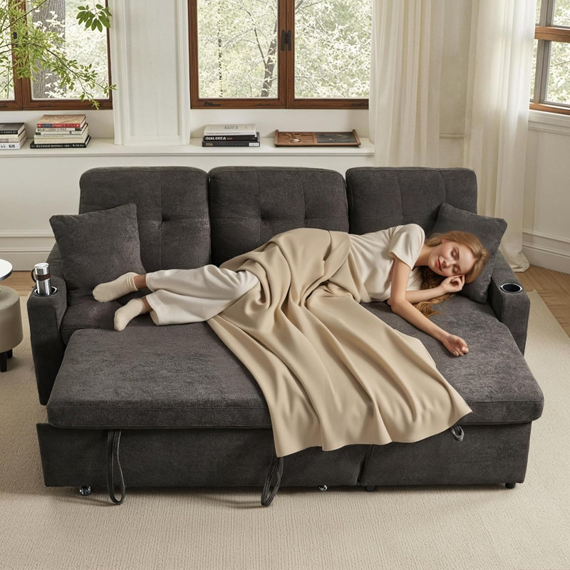 Reversible Sectional Sofa Couch, Sleeper Sofa Bed With Storage Chaise Pull Out Couch For Living Room | USB Charge | Cup Holder | Removable Backrest |Teddy Fabric