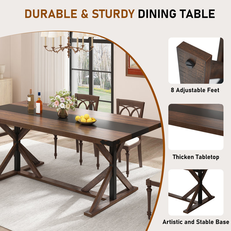 Dariusz 71" Farmhouse Dining Table, Kitchen Rectangular Large Rustic Dinner Table, Adjustable Leg For Dining Living Room