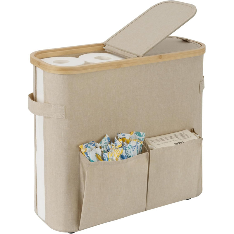 Paniers de rangement pour papier hygiénique avec double couvercle rabattable, organisateur de papier hygiénique pour la salle de bain, contenant de papier hygiénique avec poche latérale, peut contenir 9 méga ou 12 rouleaux réguliers, moyen, avoine