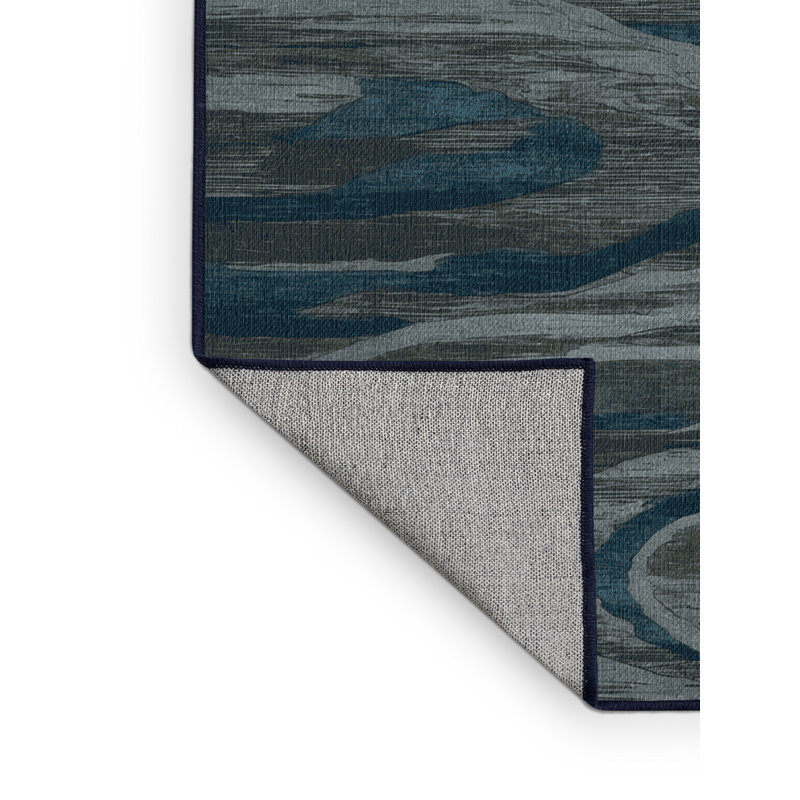 Tapis bleu abstrait lavable à la machine, Rond 7 pi