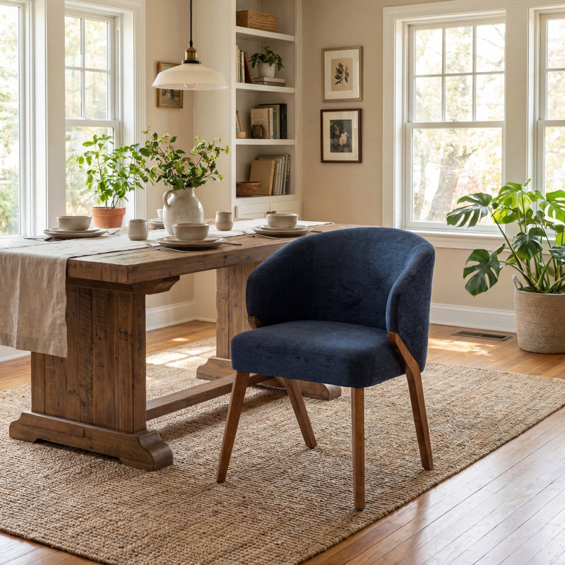 Upholstered Dining Chair with Wooden Legs, Blue Chenille