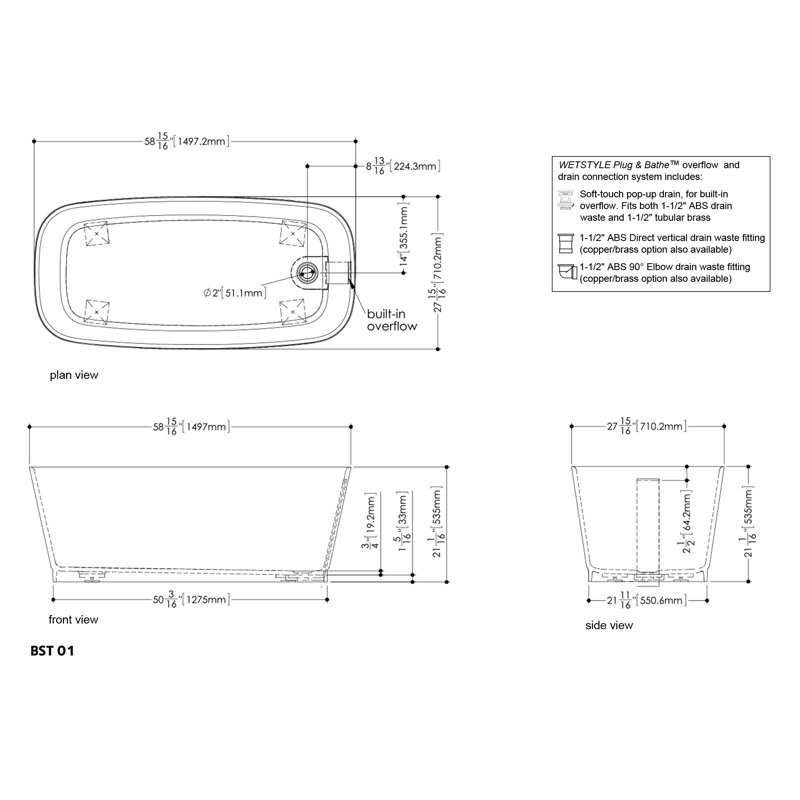 Straight 58.94'' L Soaking Bathtub, White True High Gloss, Polish Chrome