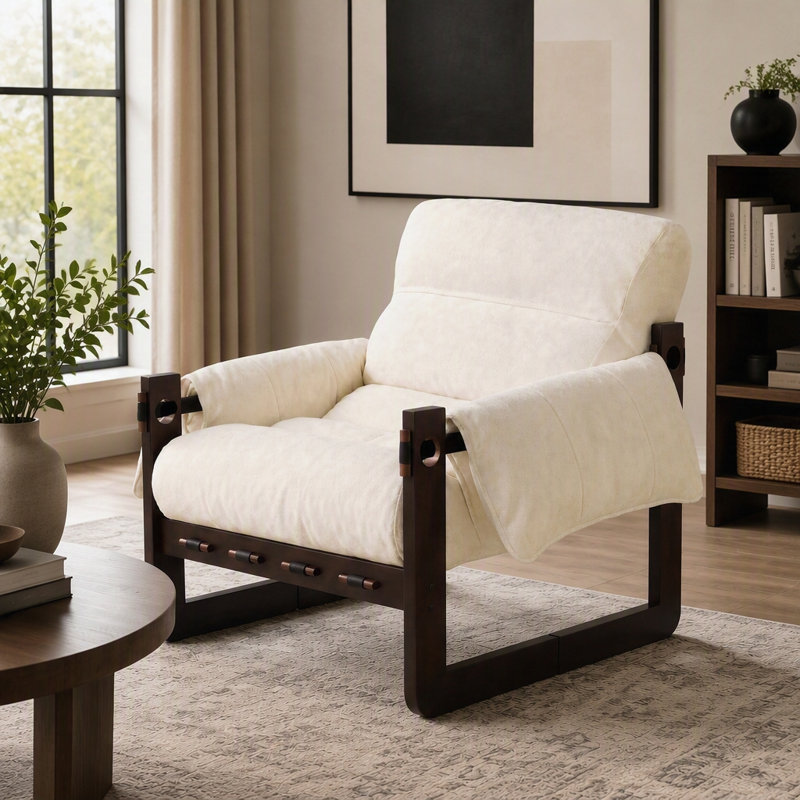 Chaise d'appoint en chenille avec siège rembourré, accoudoirs roulés et structure en bois
