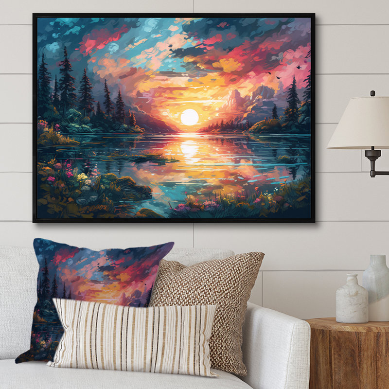 «Ruvi Rainbow Sky Shining On Lake IV», reproduction sur toile, H 30 po x l 40 po x P 1,5 po, Cadre flottant noir