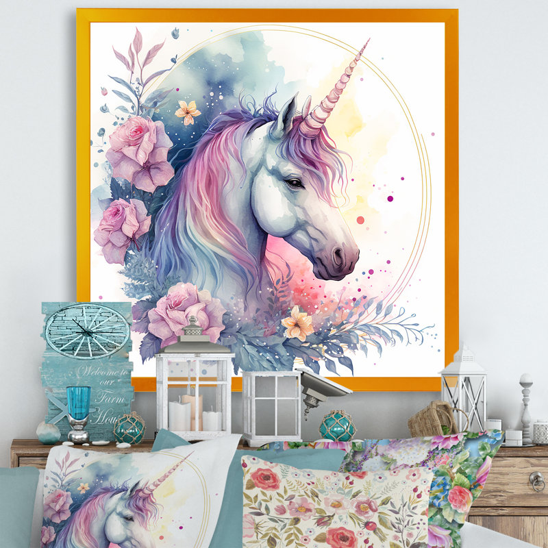 Adorable licorne pastel entourée de fleurs III - cheval, art mural, H 16 po x l 16 po x P 1 po