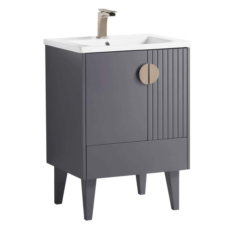 Ensemble de meuble-lavabo simple 24 po Saimah, Gris roche, Nickel satiné