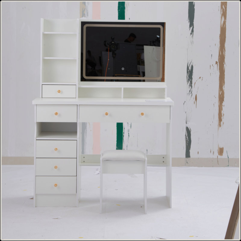 Table de meuble-lavabo de 41 po avec tiroir à gauche 41 po + tabouret rembourré, très grand miroir à DEL à commande tactile, interrupteur 3 couleurs, commode de rangement haute capacité multi-couches, convient aux grands espaces