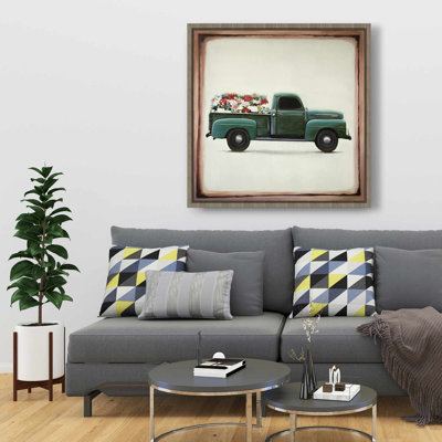 Flowers Farm Truck - Floral Green Framed Canvas Decor