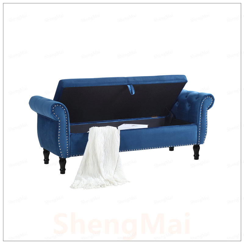 Banc de rangement multifonctionnel en velours avec boutons Aijia, Blue, Blue