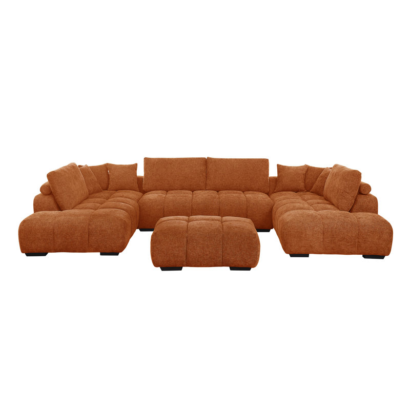 Kreindy 143" Wide 4 Piece Upholstered Chenille U-Sectional Double Chaise , Fluffy Deep Tufted Cushion, Caramel Chenille